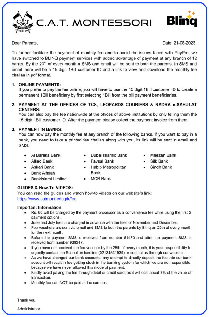 Notice of implementation of BLINQ payment system at C.A.T. Montessori.